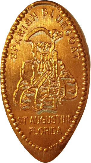 a smashed penny from St. Augustine, Florida, featuring a the figure of a soldier with what may be a musket? and labeled 'Spanish Bluecoat'.