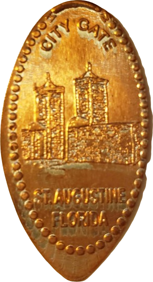 a smashed penny from St. Augustine, Florida, featuring the historical city gate