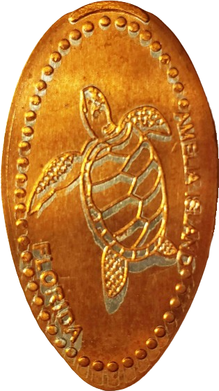 a smashed penny from Amelia Island, Florida, featuring a sea turtle