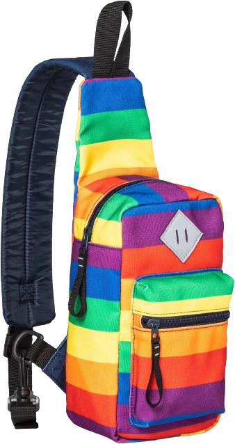 a crossbody bag made of rainbow canvas