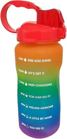 a large rainbow reusable water bottle, with words of encouragement printed along the side