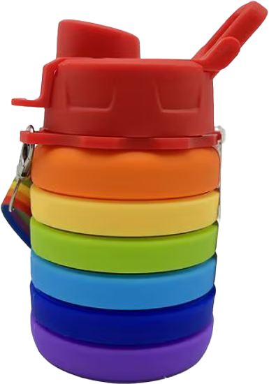 a collapsible rainbow reusable water bottle, currently in 'collapsed' mode