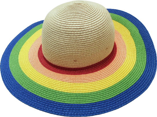 a woven straw sunhat with a rainbow brim