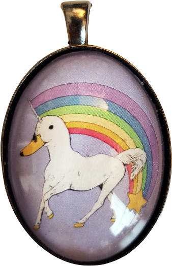 an art pendant featuring a creature that's a combination of unicorn and duck