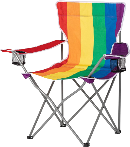 a fold-out camping chair made of rainbow canvas