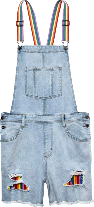 a pair of jean overalls with rainbow straps and rainbow fabric behind stylized holes in the denim