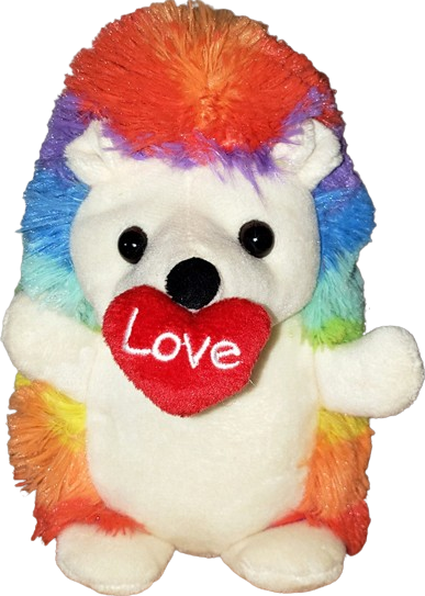 a rainbow hedgehog plush holding a heart in its mouth