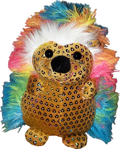 a neon rainbow hedgehog plush with sparkly body