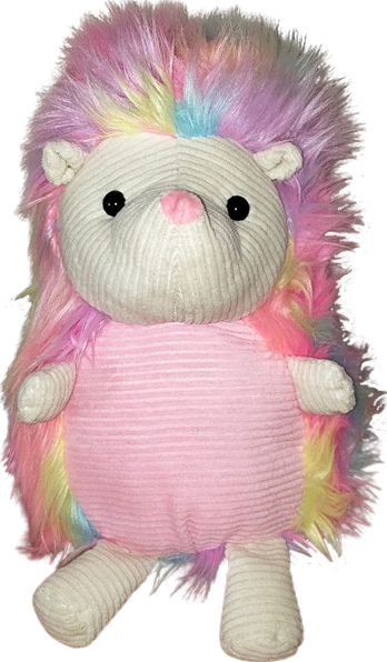a pastel rainbow hedgehog plush with a pink belly