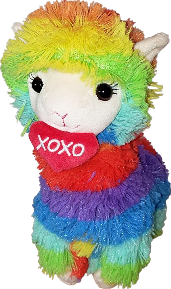 a rainbow llama plush holding a heart in its mouth