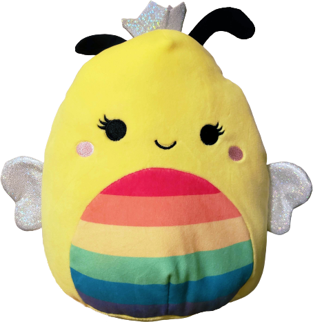 a bee Squishmallow plushie with a rainbow belly and iridescent wings and crown