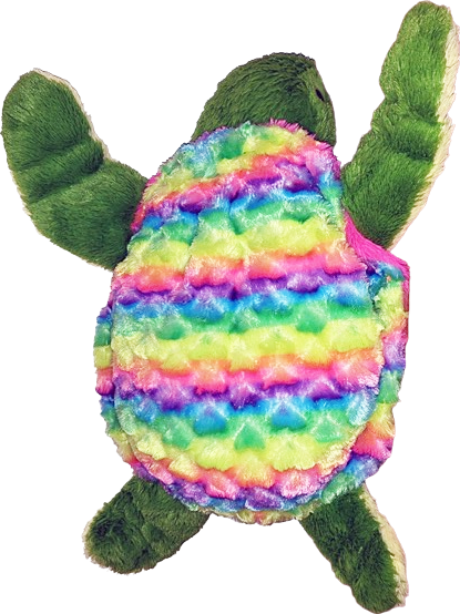 a large neon rainbow sea turtle plush