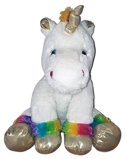 a large white unicorn plush with rainbow mane and tail