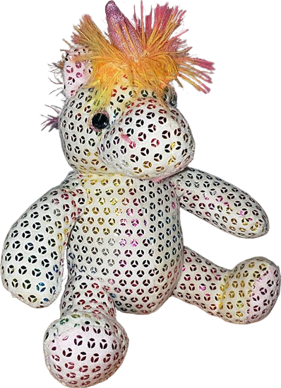a sparkly white unicorn plush with neon rainbow mane and tail