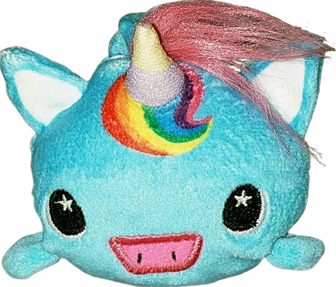 a small blue unicorn plushie with rainbow mane and tail