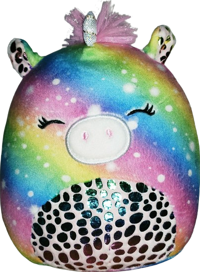 a small rainbow unicorn Squishmallow plush with a sparkly belly