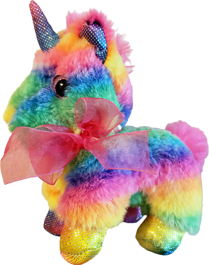 a small neon rainbow unicorn plushie