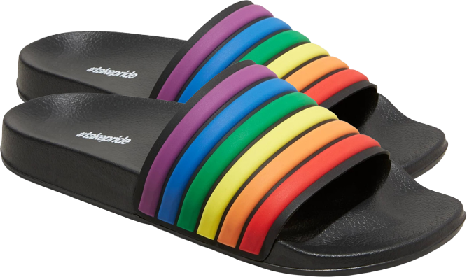 a pair of black slide sandals with a rainbow band