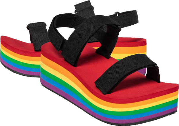 a pair of sandals with rainbow platform soles and black straps