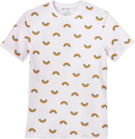 a white tshirt with repeating rainbow pattern