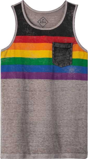 a gray tank top with rainbow across chest