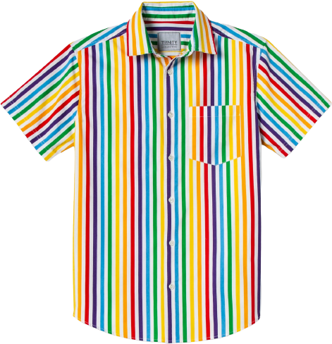 a white and rainbow striped short-sleeve button-up shirt