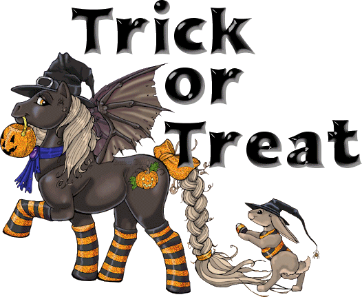 a gif of a Halloween-colors-clad pony and rabbit that reads Trick or Treat