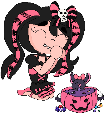 a digital drawing of a pink-and-black-haired girl, and a cute bat popping out of a jack-o-lantern of candy