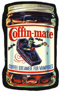 a sticker featuring 'Coffin-Mate' vampire coffee