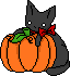 a cute lil' pixel-art black kitty with a pumpkin