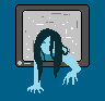 a pixel art Samara coming out of a television