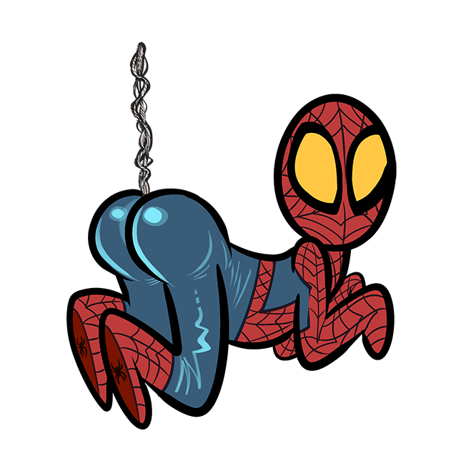 a cute lil' Spiderman hanging from webbing coming from his, well, behind
