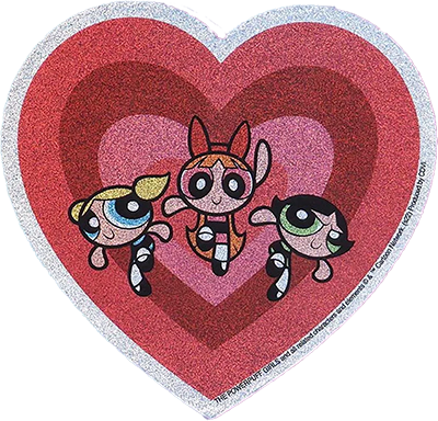 a sparkly heart-shaped sticker featuring the Powerpuff Girls