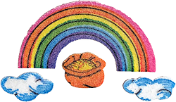 a rainbow sticker flanked by clouds, with a pot of gold in the center