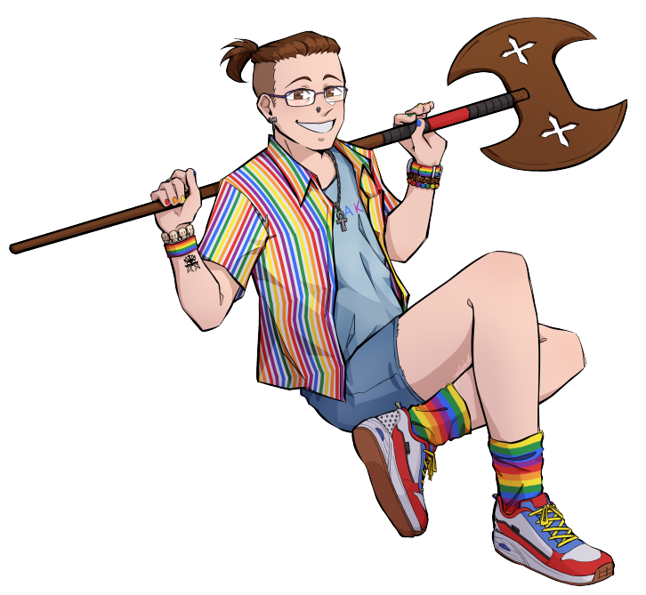 a cartoony representation of the webmaster, gently floating up and down and wielding a wooden battleaxe