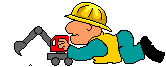 a little cartoony animation of a construction worker in a hardhat, operating with a toy backhoe
