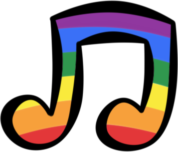 a bold music note in rainbow stripes