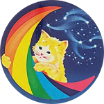 Lisa Frank: kitten on a rainbow crescent moon