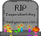 A tiny pixel tombstone with rainbow candles and a jack-o-lantern, which reads 'RIP CooperationIsKey - I told you I was sick'