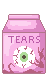 a pink carton with a design of a green bloodshot eye with veins framing the bottom. Text above reads 'tears' in all caps