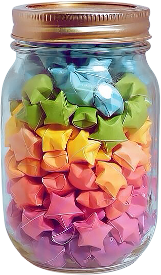 a glass jar full of a rainbow of paper origami stars