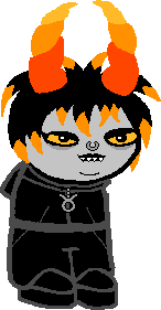 a Homestuck comic-style Troll, with gray skin and yellow eyes, fat and wearing baggy black clothes, platform boots,. They have messy black, orange-tipped hair, twirling horns in a candy-corn colored gradient, and four distinct sharp teeth sticking out of their black-lipsticked mouth. They have a prominent silver septum ring in their nose.