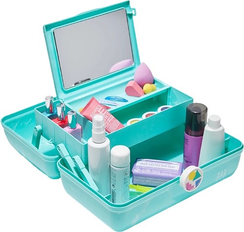 a folded-out Caboodle case with various makeup stored inside