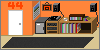 a tiny room with orange walls, a stereo, record player, speakers, and a record collection on a shelf