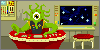 a green tentacled alien with a single giant eyeball sits at a large control panel in what appears to be a spaceship