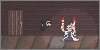 a gray-haired human woman in a white robe kneels in a dungeon-looking room while holding up what appear to be two candles. A small black ghost-type Pokemon floats next to her.