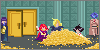 Five colorful characters from the Slayers anime stand or kneel in a bright, dungeon-like room filled with treasure. Redheaded sorceress LIna can be seen tossing handfuls of coins in the air.