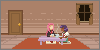 Pink-haired anime protagonist Utena and her purple-haired friend Anthy kneel at a table in a simple room, drinking steaming tea.