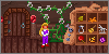 Young, blonde-haired magic-user Zanthia stands in a simple wooden room that houses a machine with thorned vines sprouting from it, and a cabinet containig various colorful objects.