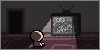 a simply-designed, crying pink child character sits before a large CRT television showing static, in an otherwise darkened room.
